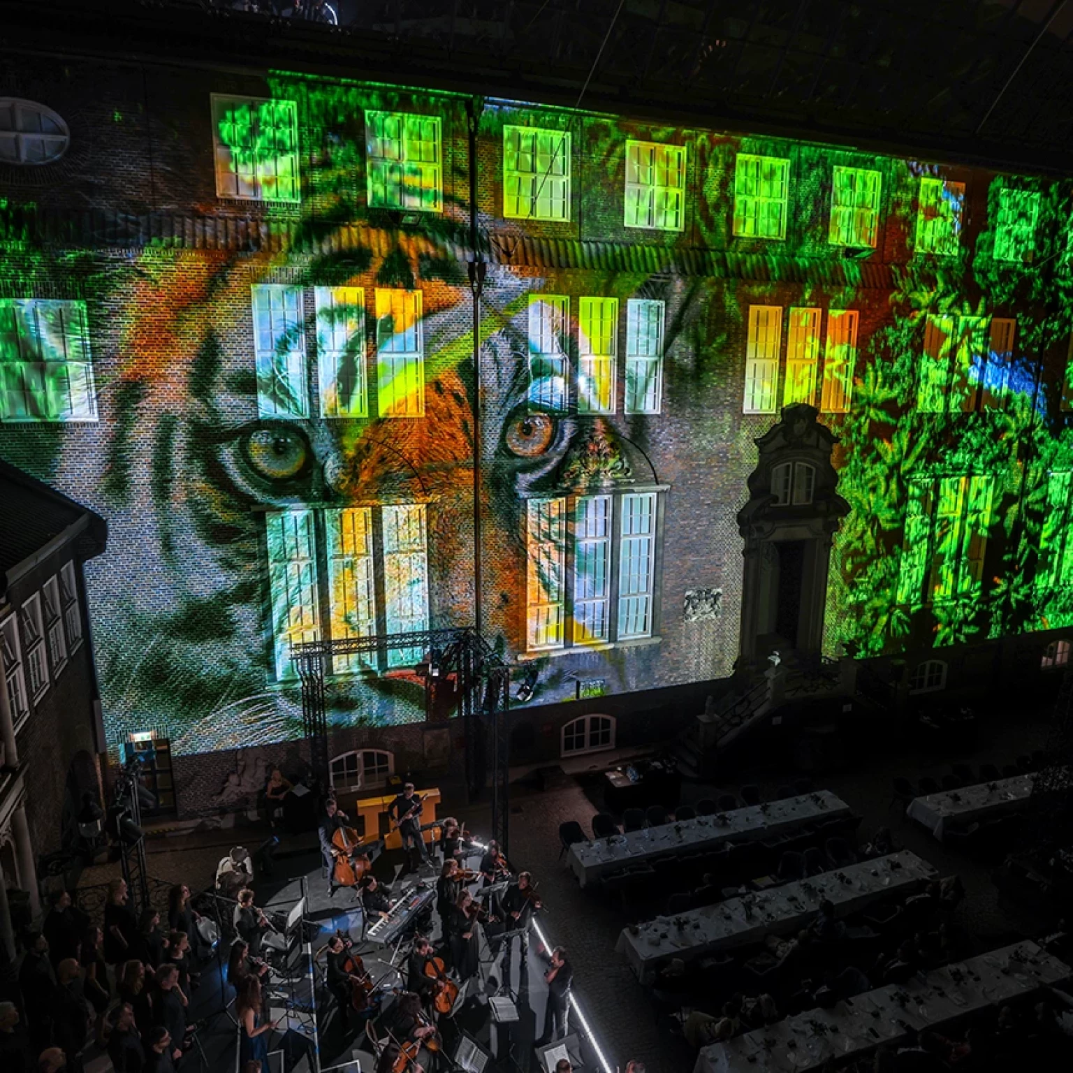 Der Kopf eines Tigers ist vor einem grünen Dschungelpanorama zu sehen